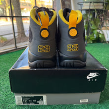 Load image into Gallery viewer, Jordan Dark Charcoal University Gold 9s Size 12
